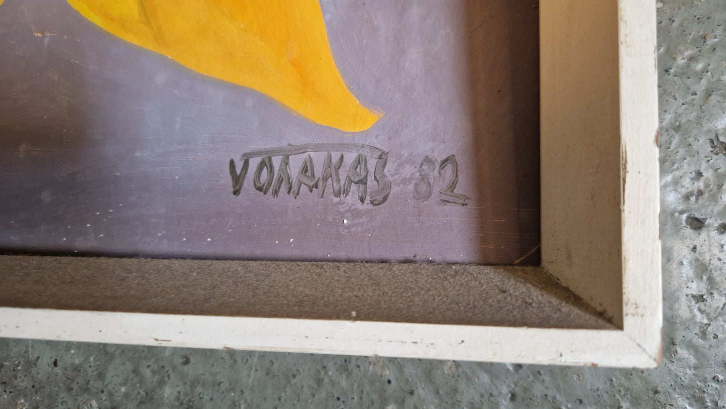 „Gelbe Lilien“ - Öl auf Holzplatte – signiert "Volakas 82"