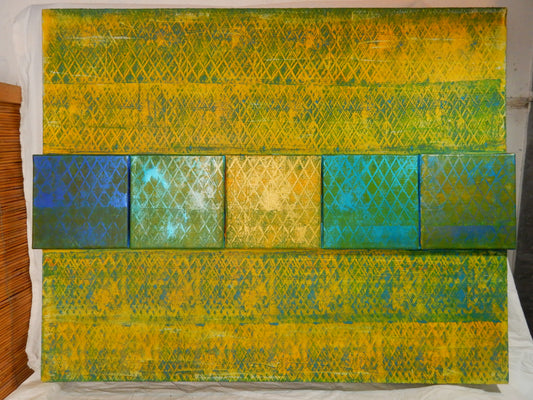 Abstraktes Gemälde in Gelb-Grün-Blau (80 × 100 cm)