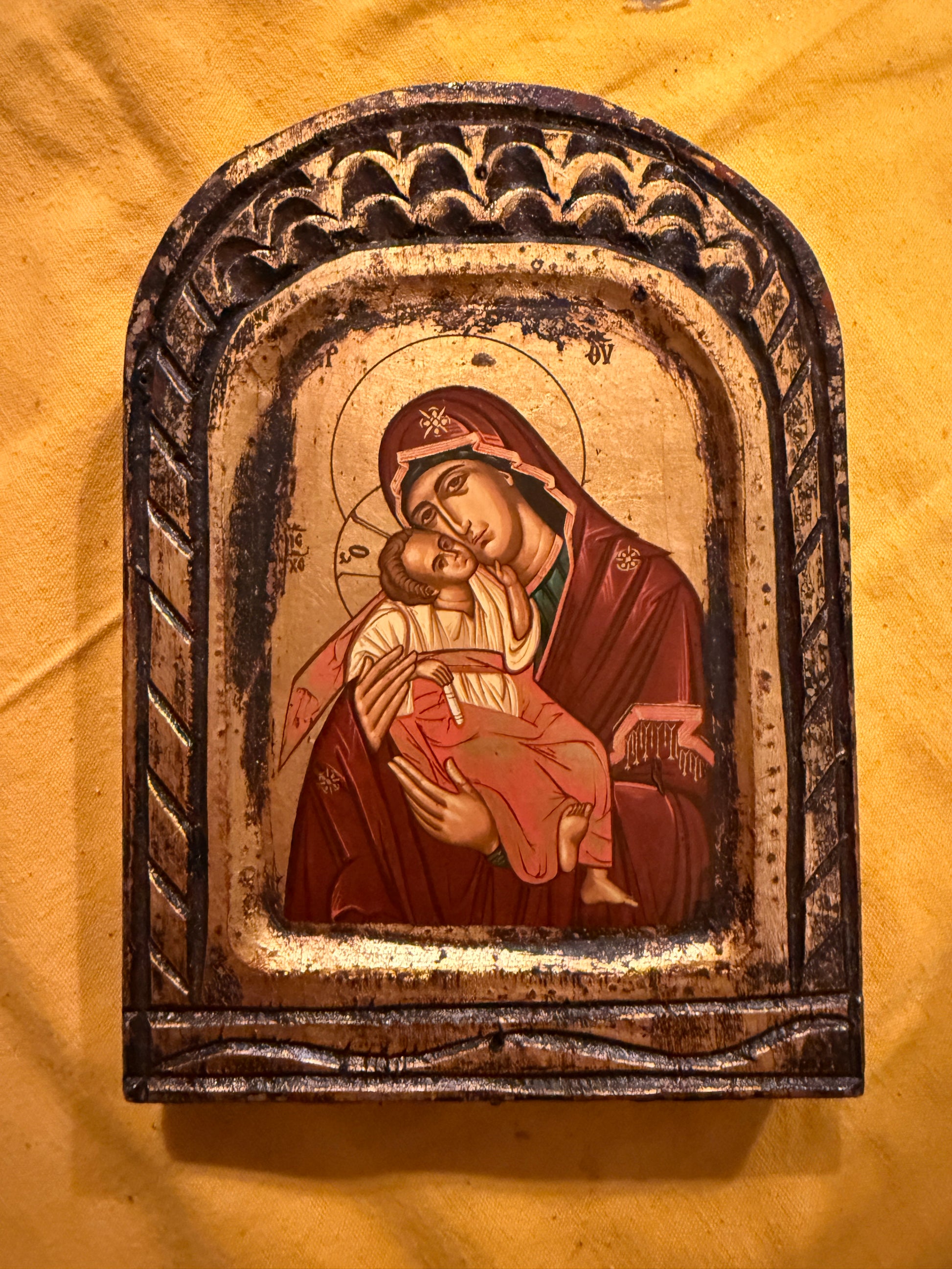 Handgemachte byzantinische Ikone – Maria mit Kind (Glykophilousa) – auf Holz & Gold – mit Zertifikat – orthodoxe Kunst - Artikelbild von Fummel & Gedöns Secondhand-Store