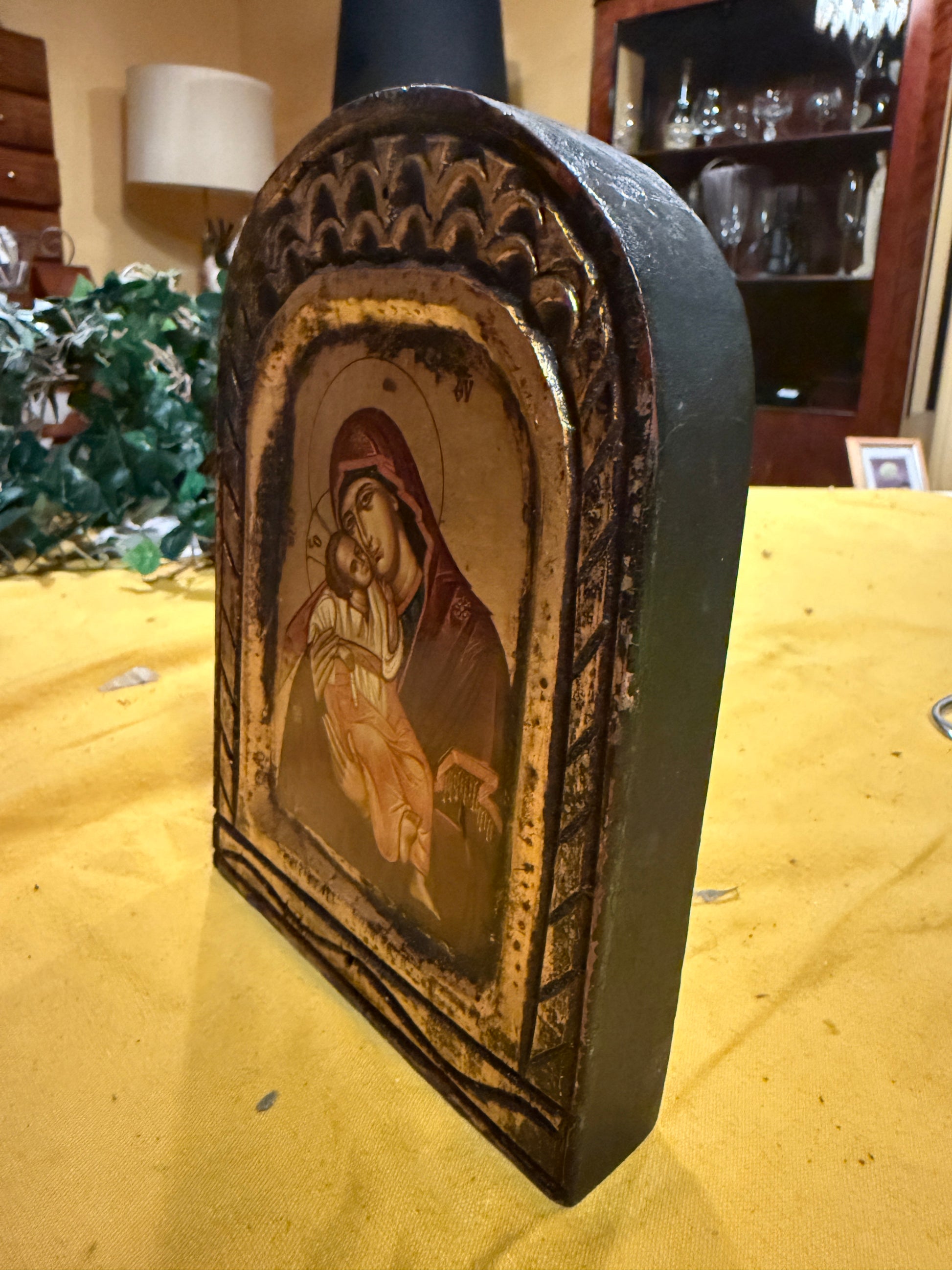 Handgemachte byzantinische Ikone – Maria mit Kind (Glykophilousa) – auf Holz & Gold – mit Zertifikat – orthodoxe Kunst - Artikelbild von Fummel & Gedöns Secondhand-Store