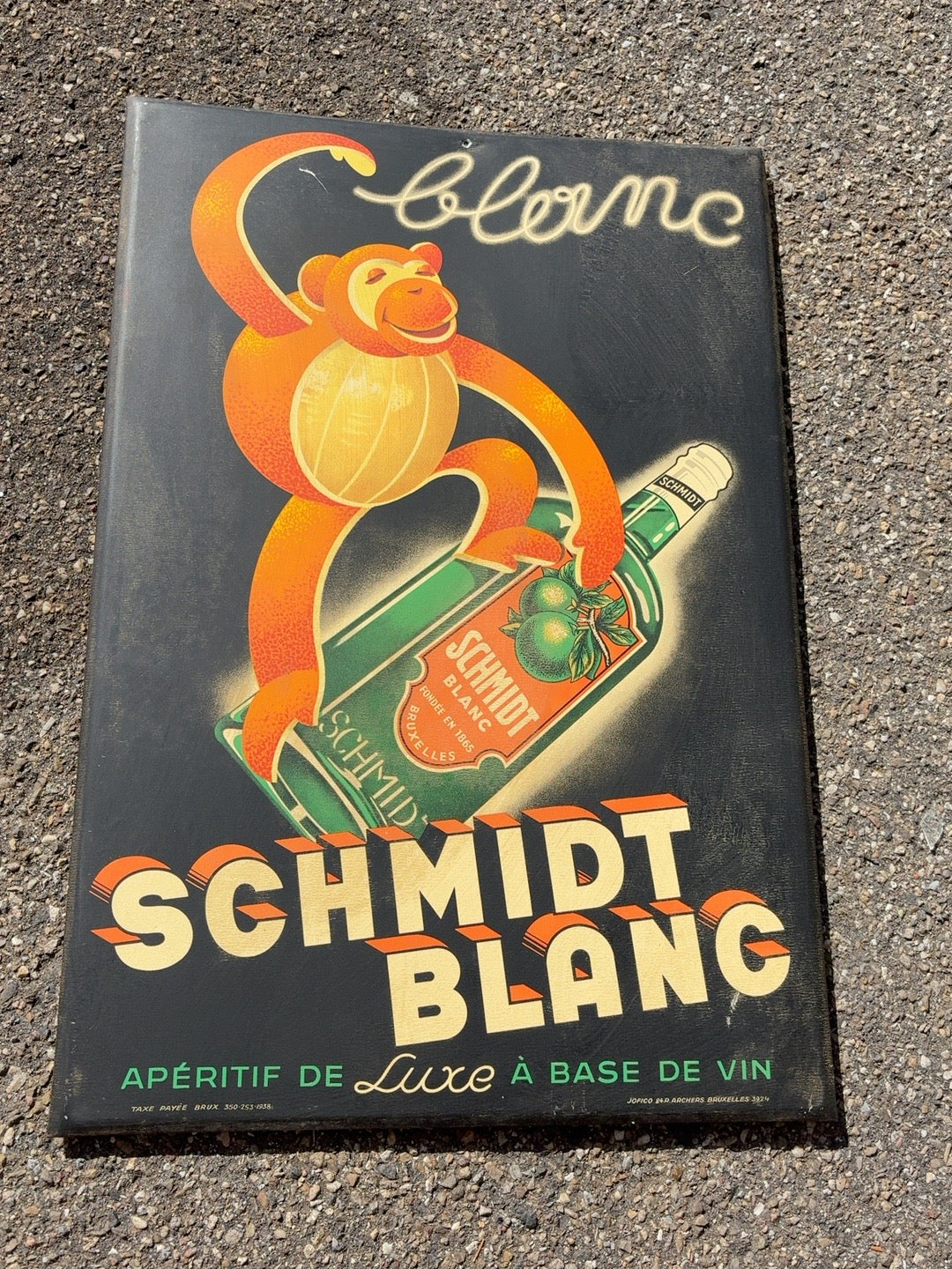 Original Schmidt Blanc Werbeschild von 1938 mit Affenmotiv, 49 x 34 cm