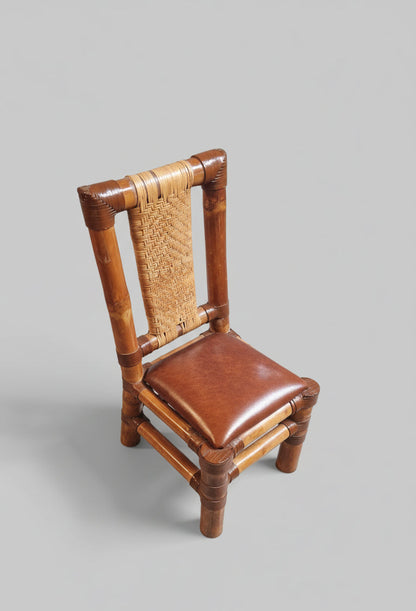 Vintage Bambus-Stuhl mit echtem Leder & Rattan – handgefertigt