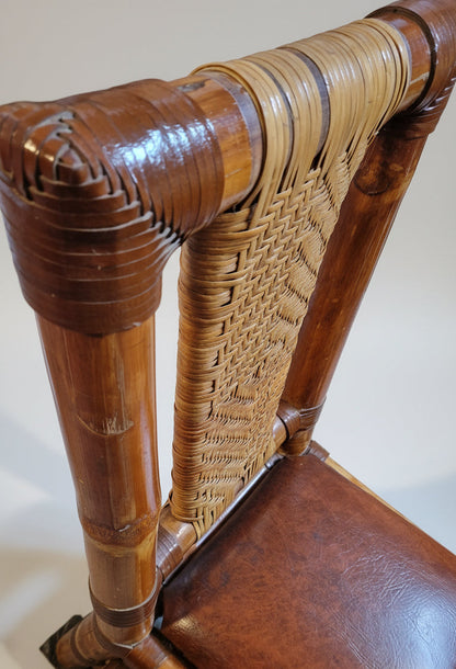 Vintage Bambus-Stuhl mit echtem Leder & Rattan – handgefertigt