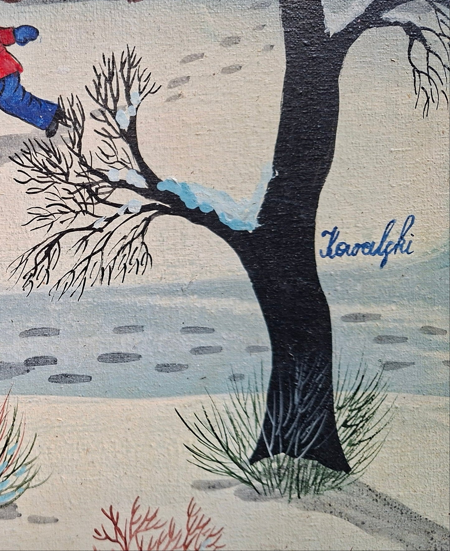 Anton Kowalski – Naive Winterlandschaft mit Pferdeschlitten und Dorf