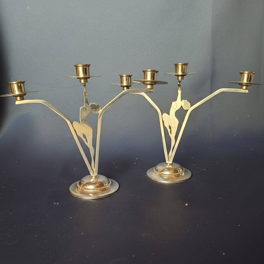 Paar Art-Déco Kerzenleuchter mit Tänzerinnen – Chrom – 1930er Jahre - Artikelbild von Fummel & Gedöns Secondhand-Store
