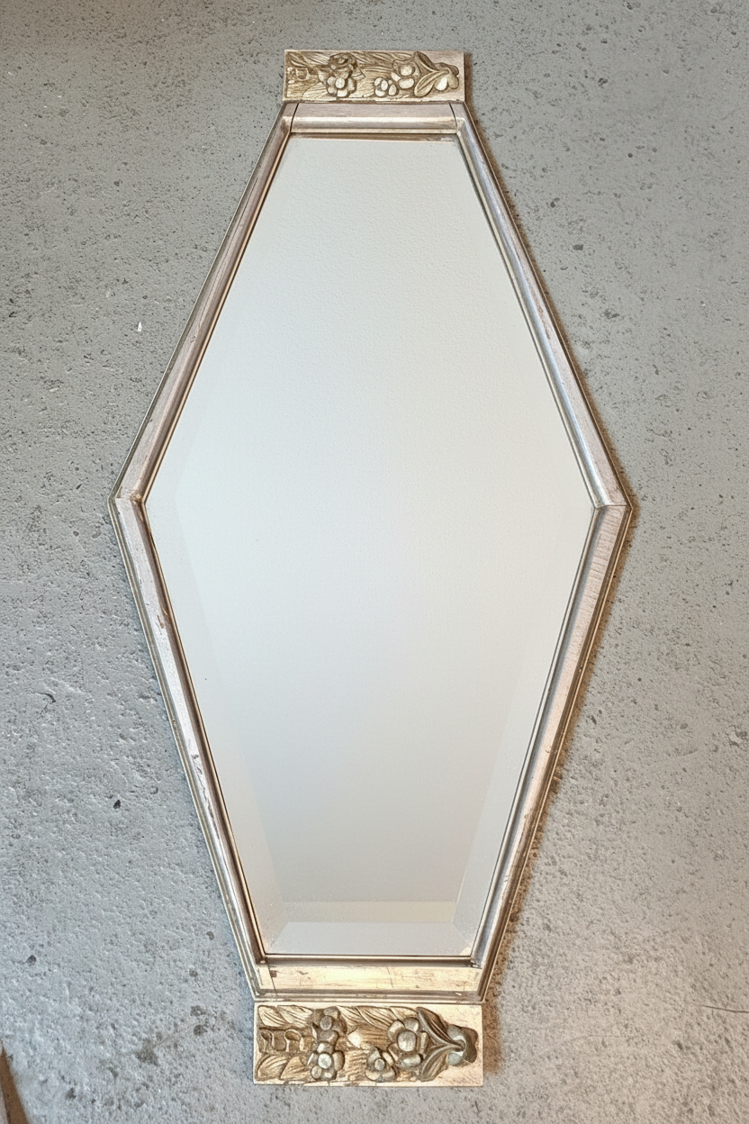 Vintage Hochformatspiegel mit floralen Reliefs – facettierter Wandspiegel - Artikelbild von Fummel & Gedöns Secondhand-Store