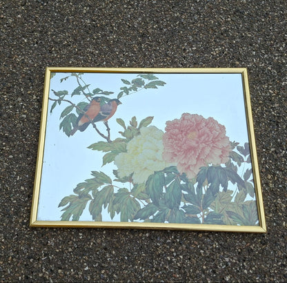 Chinoiserie Art-Déco Wandspiegel mit Dompfaffen und Pfingstrosen – 35 × 28 cm