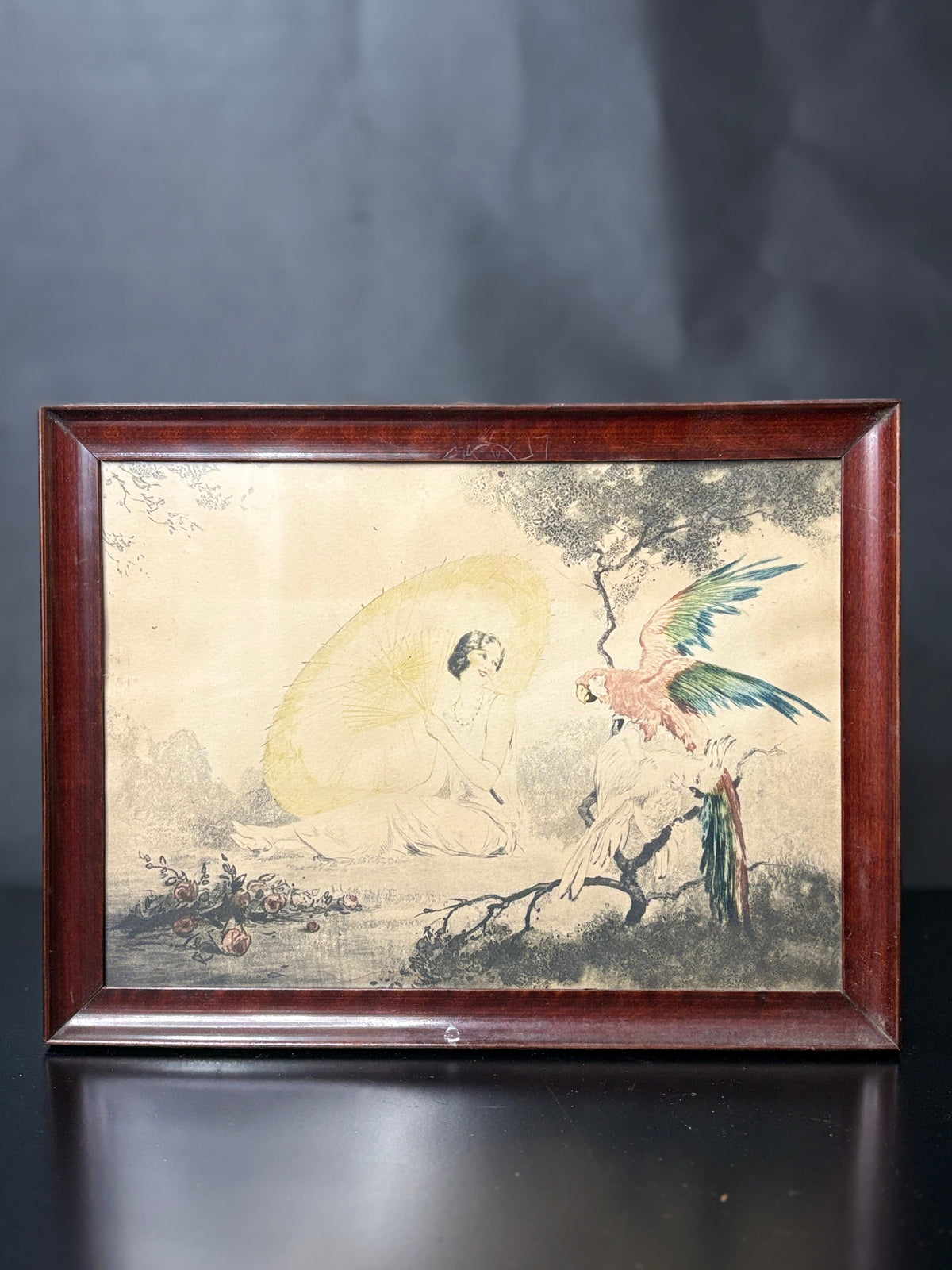 Jean Hardy – Élégante aux perroquets – Art-Déco-Grafik um 1925, gerahmt - Artikelbild von Fummel & Gedöns Secondhand-Store