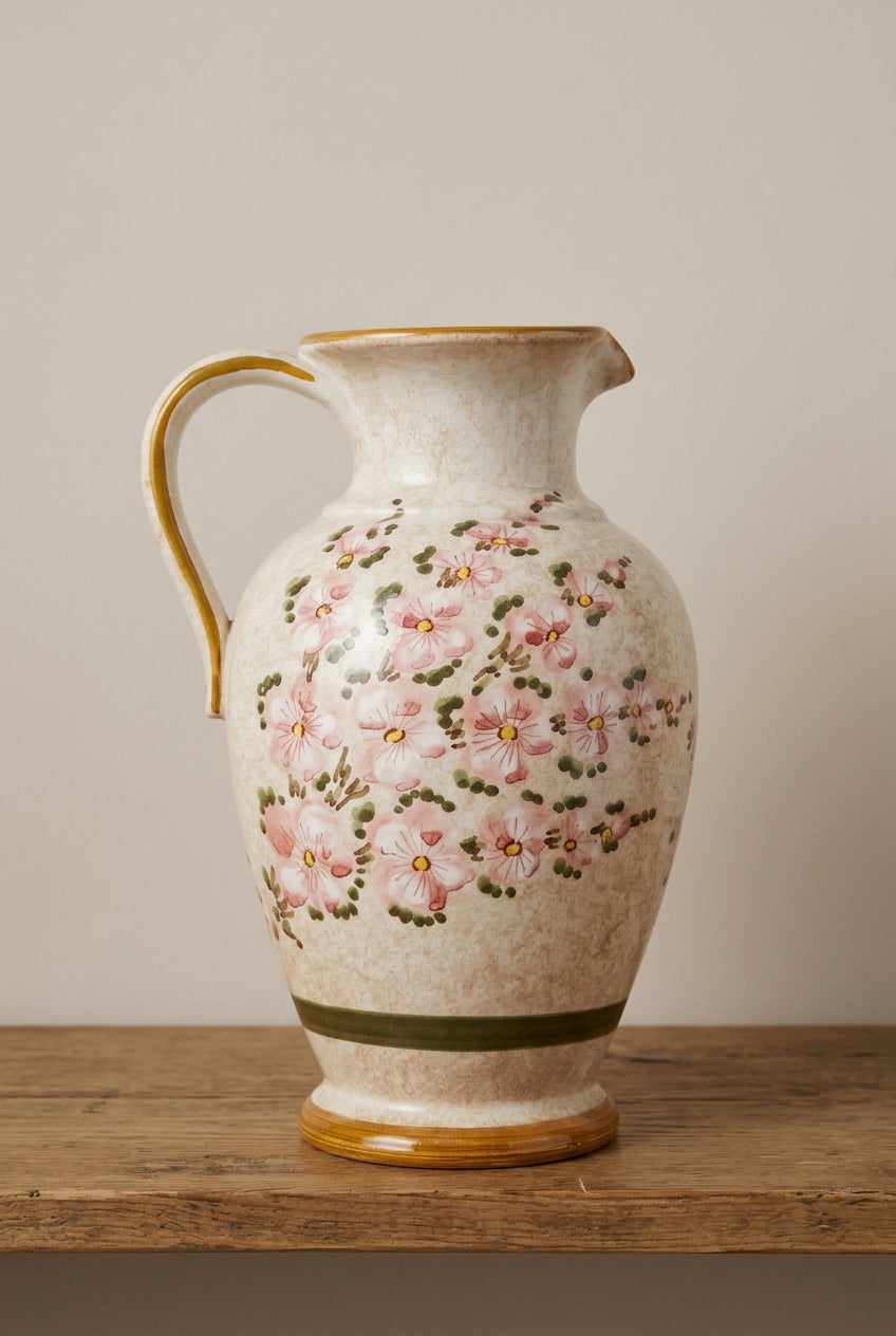 Deruta Majolika Krug mit rosa Blüten Vorderansicht