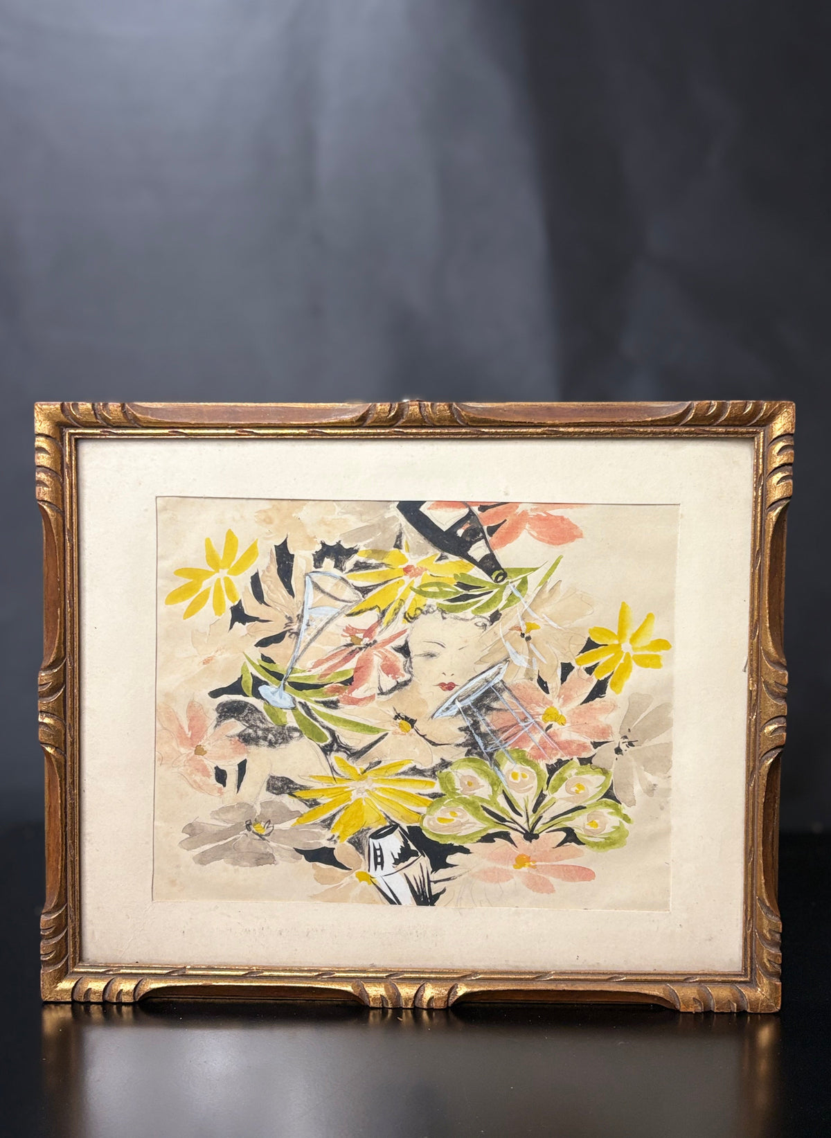 Mischtechnik auf Papier (Blumen und Cocktailgläser mit Gesicht) evtl. Wolfgang Thesen – um 1980
