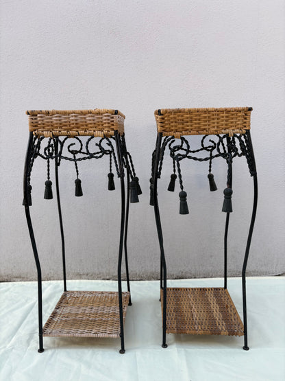 4er Set Vintage Pflanzenständer aus Rattan & Eisen – Mid-Century – 70 cm