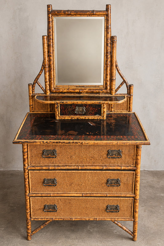 Antiker Bambus-Frisiertisch mit Spiegel – Aesthetic Movement um 1890