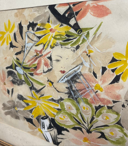 Mischtechnik auf Papier (Blumen und Cocktailgläser mit Gesicht) evtl. Wolfgang Thesen – um 1980