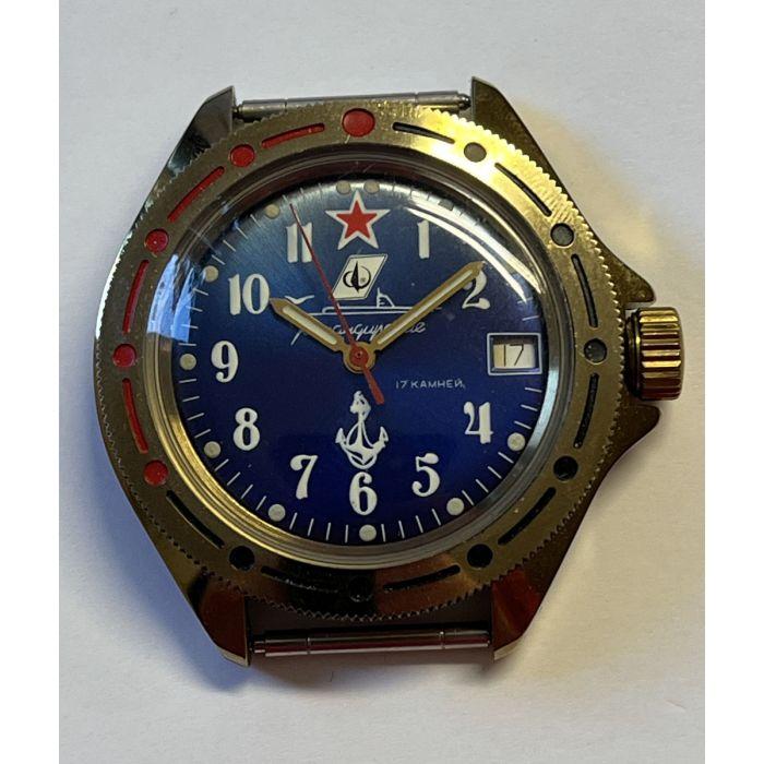 Vostok Komandirskie Vintage Militäruhr – Marine Anker, blau, 17 Steine