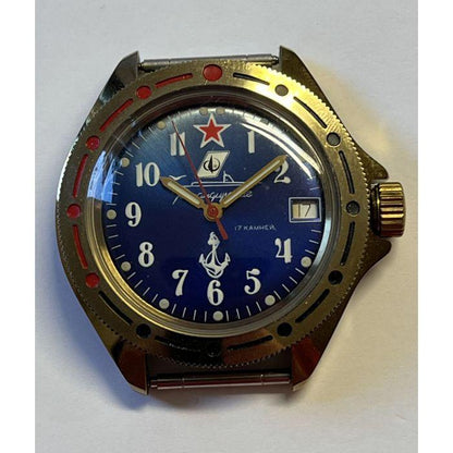 Vostok Komandirskie Vintage Militäruhr – Marine Anker, blau, 17 Steine