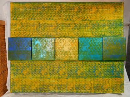 Abstraktes Gemälde in Gelb-Grün-Blau (80 × 100 cm)