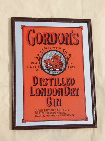 Vintage Gordon’s Gin Werbespiegel 70er – Barspiegel im Holzrahmen, 40 cm