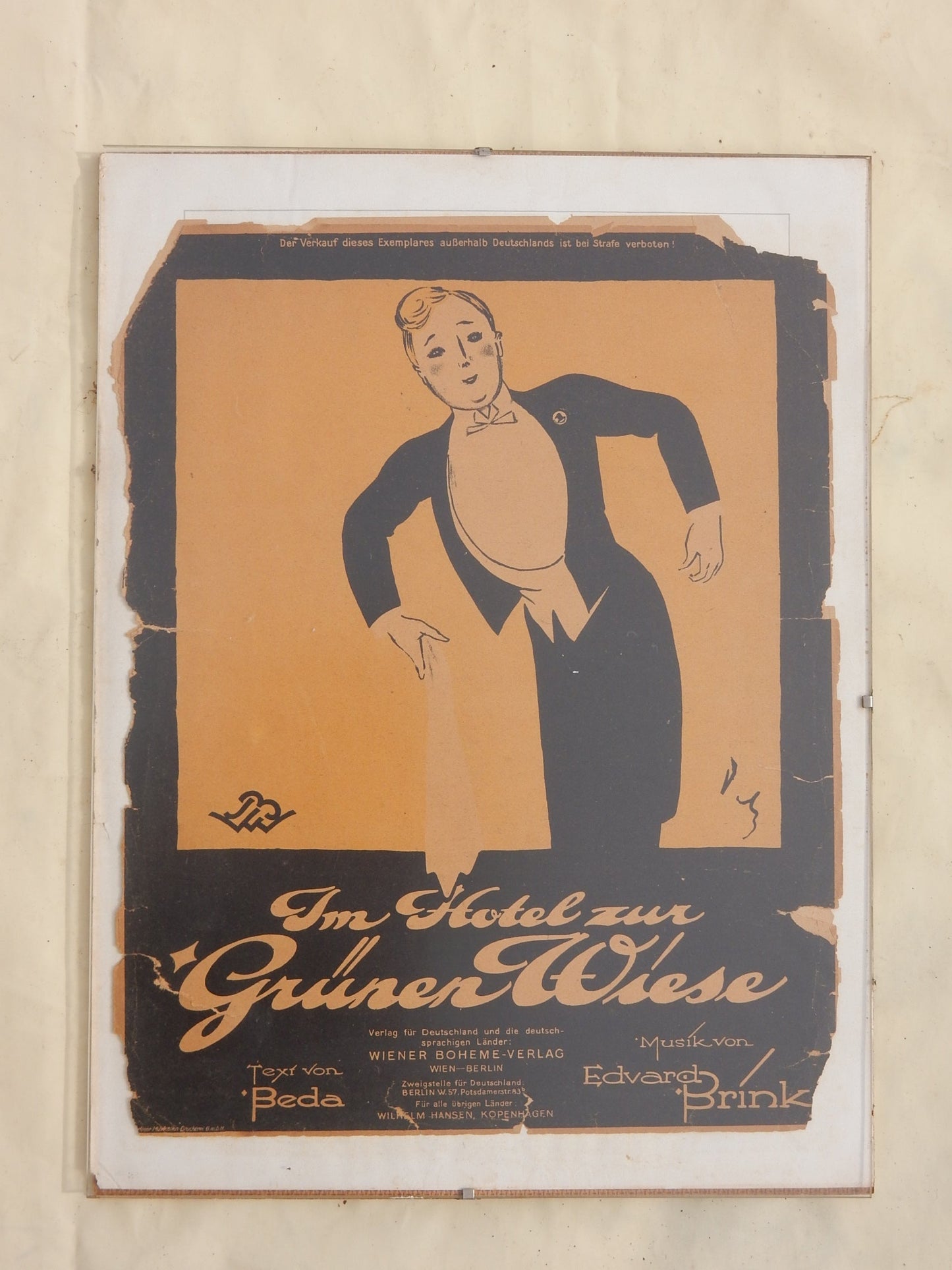 Original 1922 „Im Hotel zur grünen Wiese“ – gerahmte Art-Déco Notengrafik