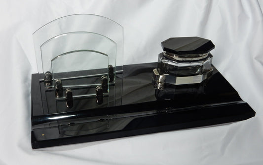 Original Art Déco Schreibtischgarnitur aus Glas mit Tintenfass & Briefhalter, um 1930