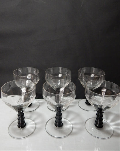 6er Set Vintage Sherrygläser mit schwarzem Stiel, 1970er/80er