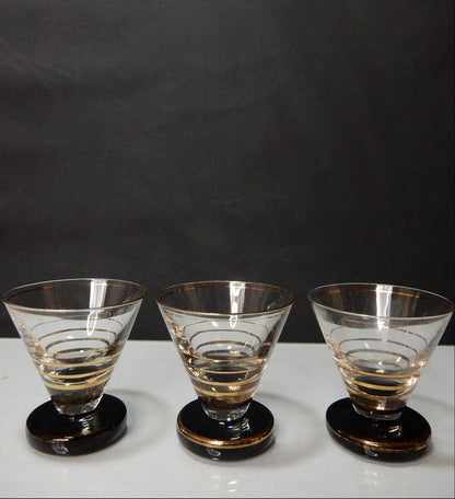 3er Set Vintage Likörgläser mit schwarzem Fuß & Golddekor, ca. 1950er–1960er