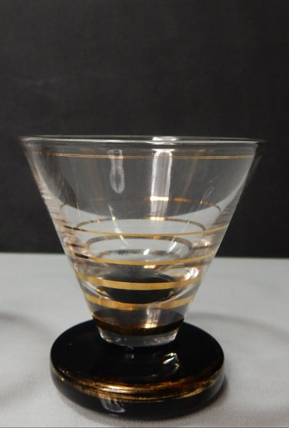 3er Set Vintage Likörgläser mit schwarzem Fuß & Golddekor, ca. 1950er–1960er