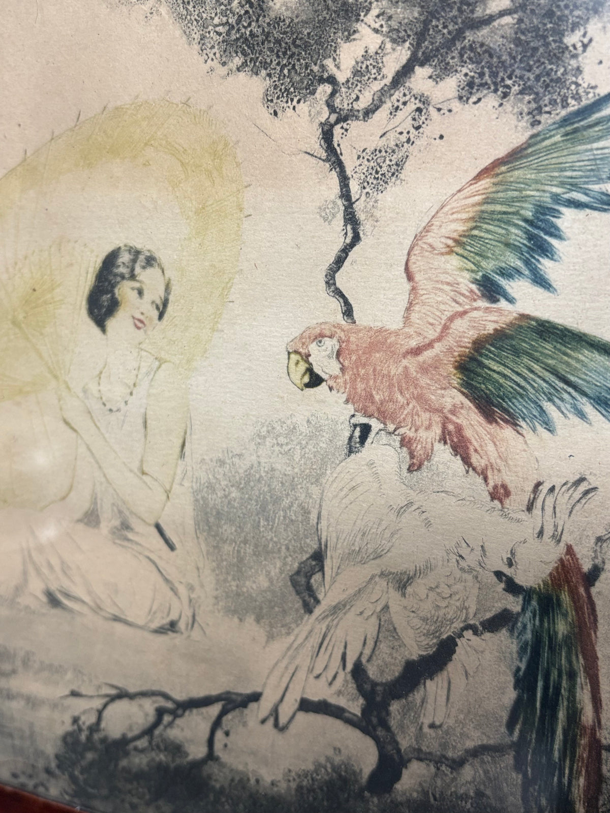 Jean Hardy – Élégante aux perroquets – Art-Déco-Grafik um 1925, gerahmt - Artikelbild von Fummel & Gedöns Secondhand-Store