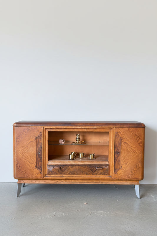Vintage Sideboard mit gemaserten Fronten und Glasboden