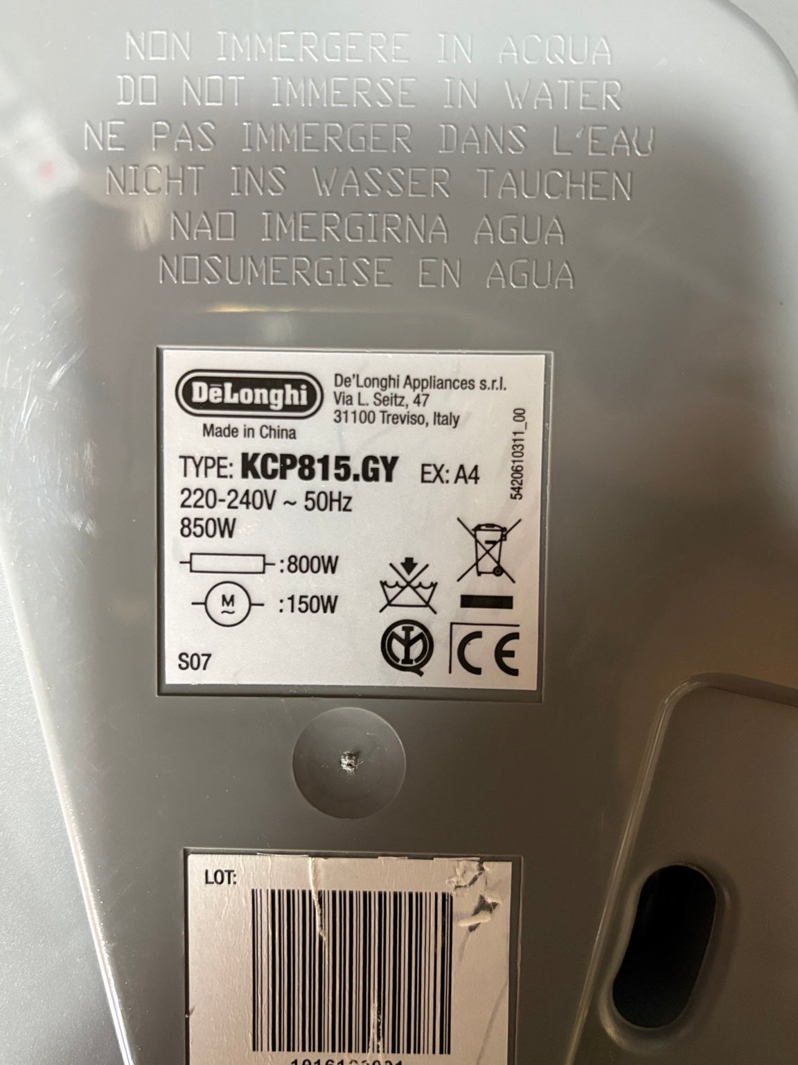 Typenschild KCP815.GY 850 Watt
