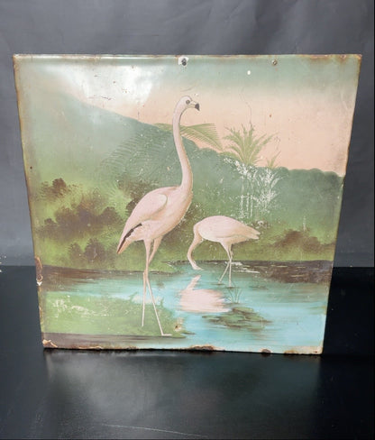 Vorderseite: Metallbild mit zwei Flamingos in tropischer Landschaft