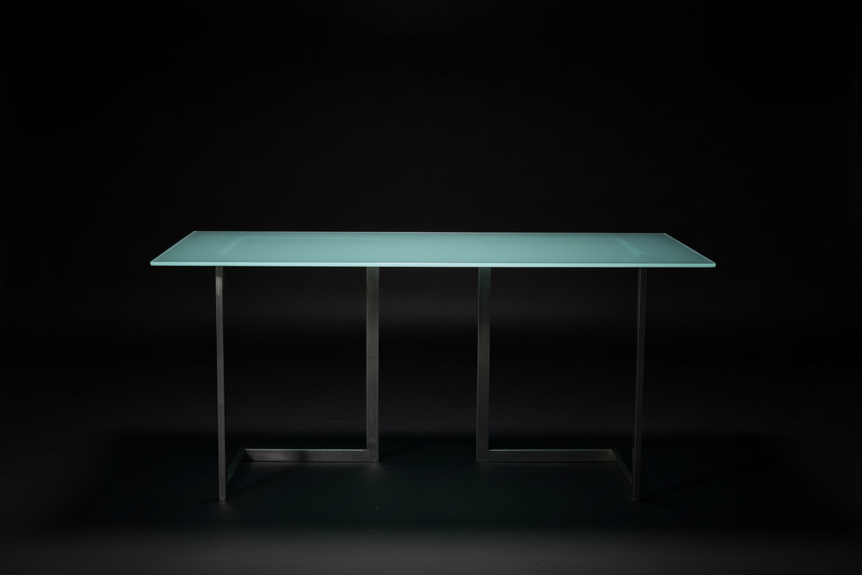 Space Age Glastisch (160 x 80 cm) - Stahlkufen in V-Form - Artikelbild von Fummel & Gedöns Secondhand-Store