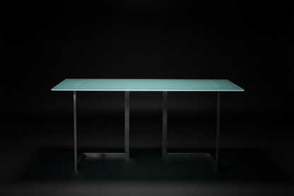 Space Age Glastisch (160 x 80 cm) - Stahlkufen in V-Form