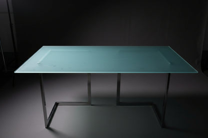 Space Age Glastisch (160 x 80 cm) - Stahlkufen in V-Form
