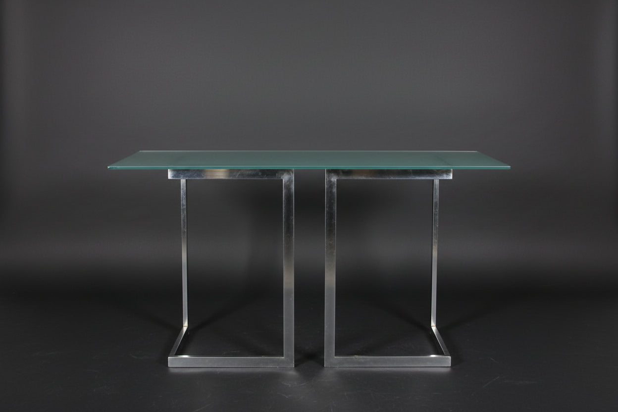 Space Age Glastisch (160 x 80 cm) - Stahlkufen in V-Form - Artikelbild von Fummel & Gedöns Secondhand-Store