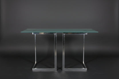 Space Age Glastisch (160 x 80 cm) - Stahlkufen in V-Form