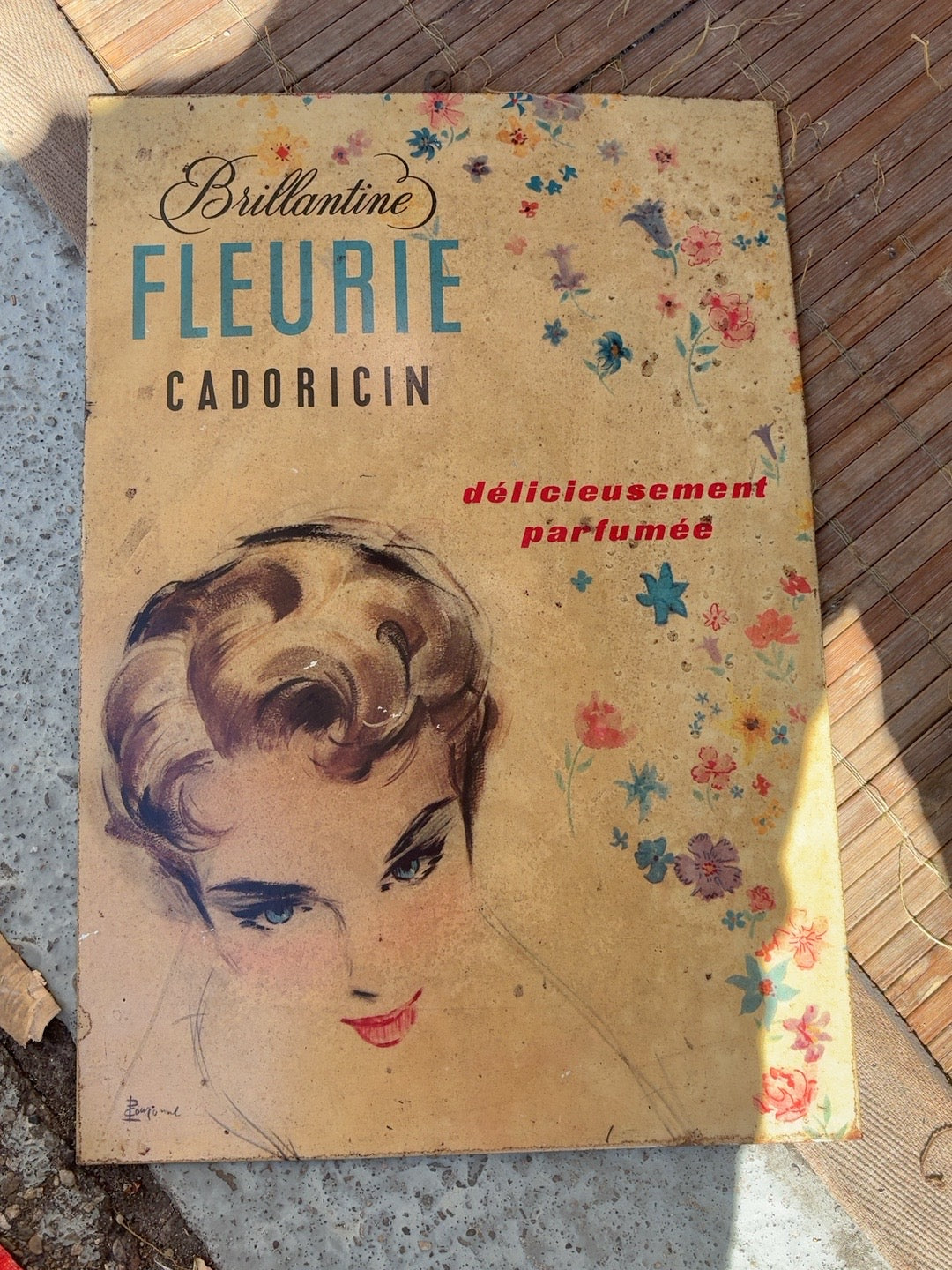 Vintage Werbetafel Brillantine Fleurie Cadoricin von Brenot, ca. 1948, 36 x 24,5 cm