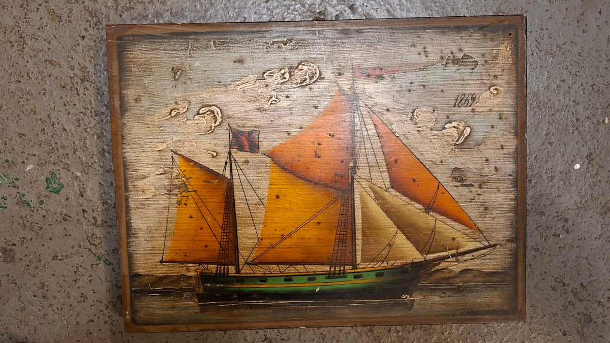 F. Conz Holzbild mit zweimastigem Segelschiff und Jahreszahl 1869, Gesamtansicht