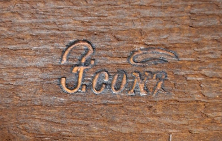 Rückseitiger Brandstempel F. Conz auf der Holztafel