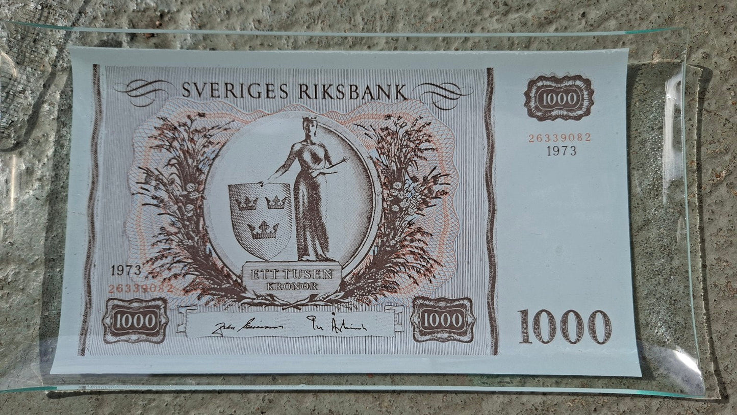 Vintage Glasplatte mit Motiv einer schwedischen 1000-Kronen-Banknote von 1973