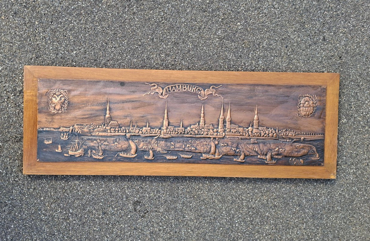 Großes Vintage Kupferrelief Hamburg auf Holzplatte – 128 × 43 cm - Artikelbild von Fummel & Gedöns Secondhand-Store