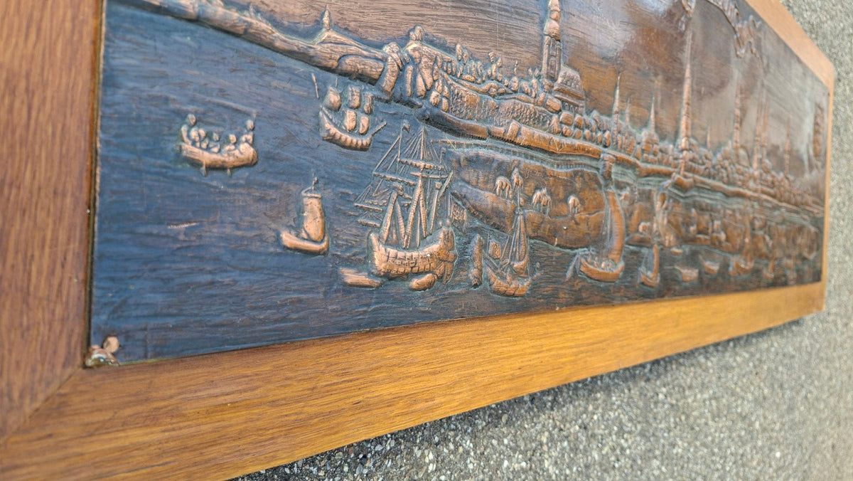 Großes Vintage Kupferrelief Hamburg auf Holzplatte – 128 × 43 cm - Artikelbild von Fummel & Gedöns Secondhand-Store