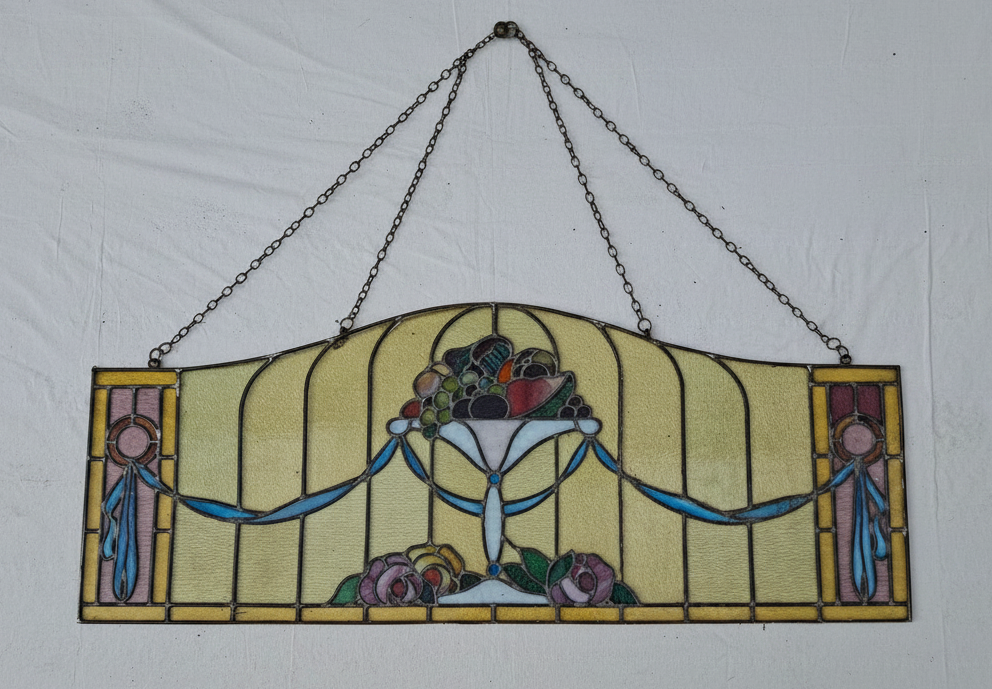 Großes Jugendstil Bleiglas-Fensterbild 180 cm – Rosen & Früchtestillleben