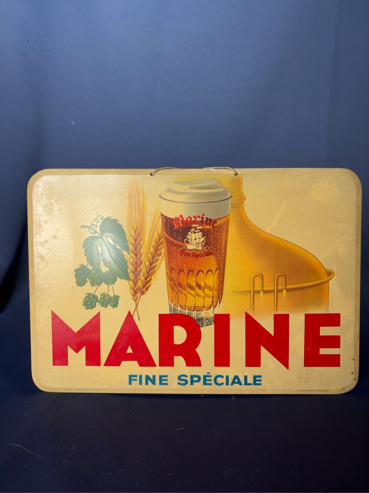 Vintage MARINE Fine Spéciale Bier-Werbeschild – Belgien – ca. 1950 – 36 × 25 cm - Artikelbild von Fummel & Gedöns Secondhand-Store