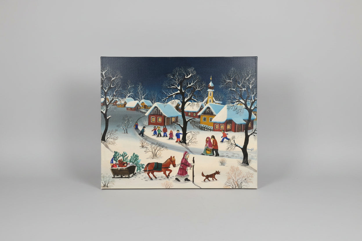 A. Kowalski – Naive Winterlandschaft mit Pferdeschlitten und Dorf - Artikelbild von Fummel & Gedöns Secondhand-Store