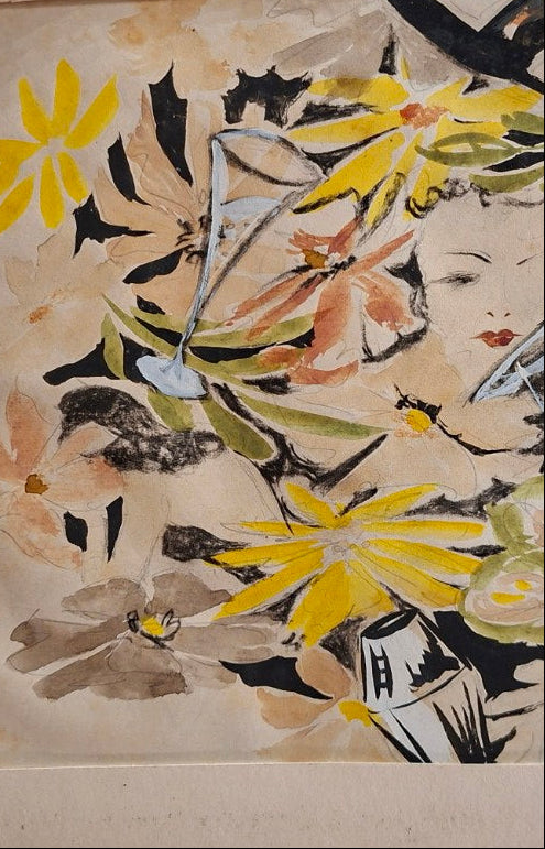 Mischtechnik auf Papier (Blumen und Cocktailgläser mit Gesicht) evtl. Wolfgang Thesen – um 1980 - Artikelbild von Fummel & Gedöns Secondhand-Store