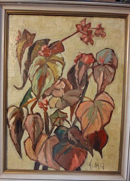 Gerahmtes Pflanzenstillleben von 1957 mit rotbraunen und grünen Blättern vor gelbem Hintergrund