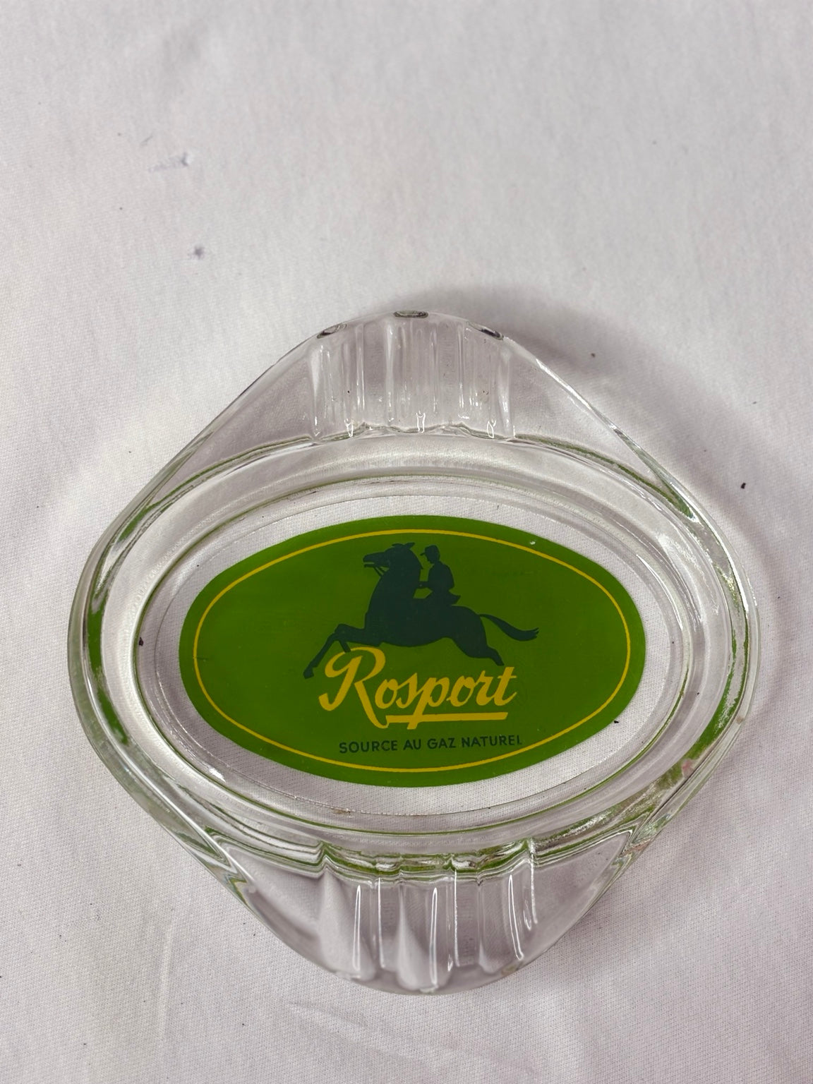 Vintage Rosport Werbeaschenbecher aus Glas – Luxemburg, ca. 1960er - Artikelbild von Fummel & Gedöns Secondhand-Store