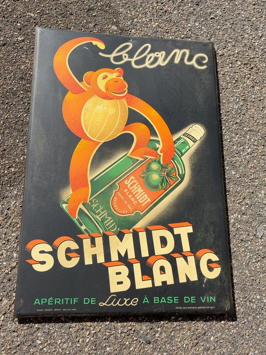 Original Schmidt Blanc Werbeschild von 1938 mit Affenmotiv, 49 x 34 cm