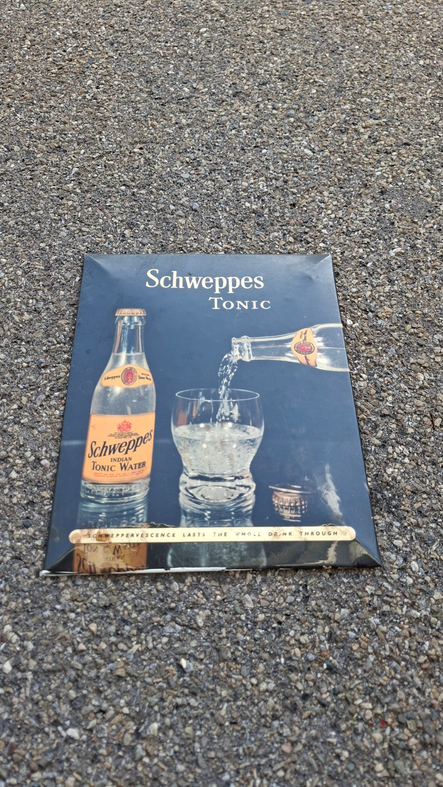 Original Schweppes Indian Tonic Water Werbeaufsteller – Belgien 1959 – 25 × 20 cm - Artikelbild von Fummel & Gedöns Secondhand-Store