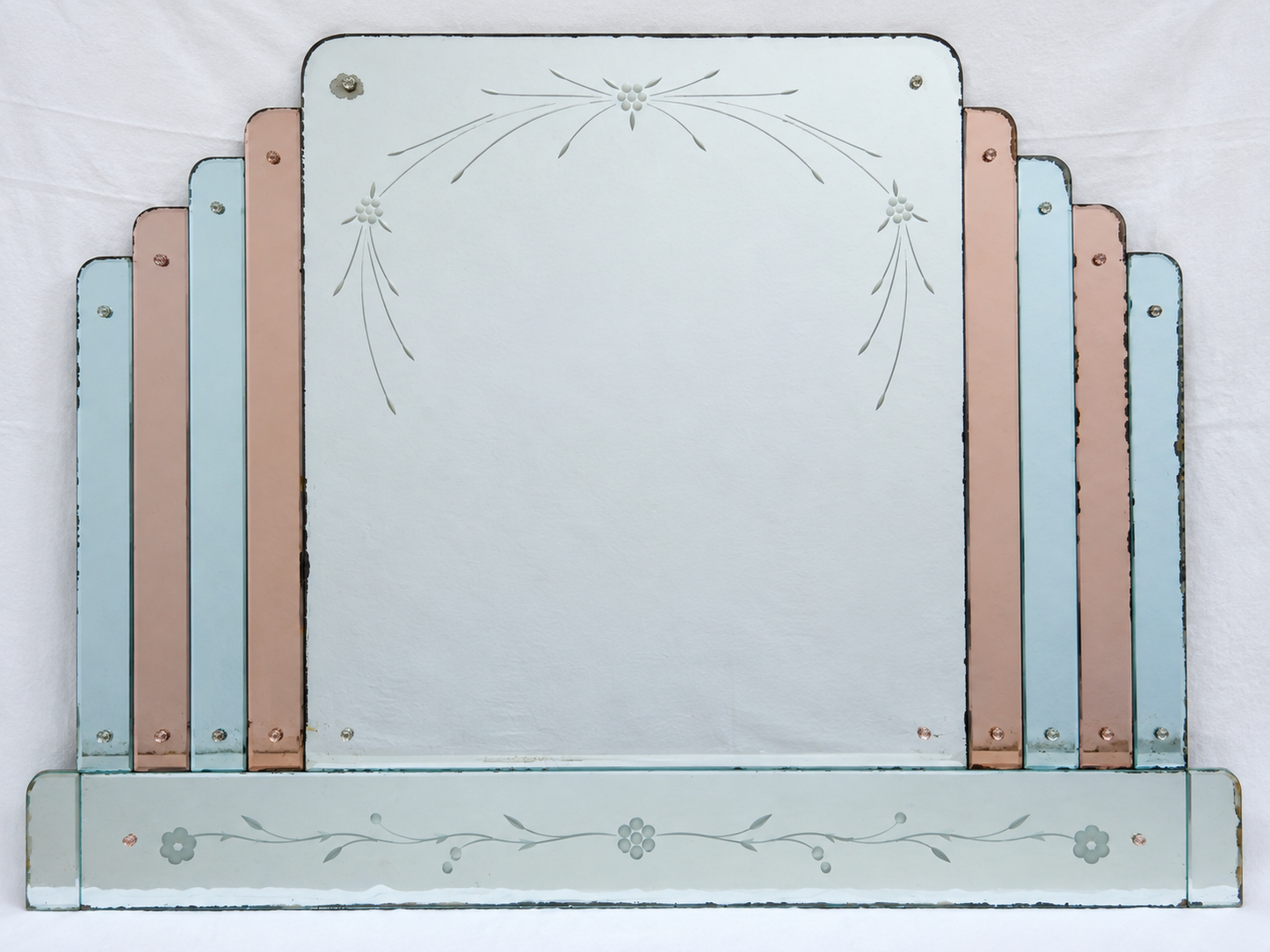 Großer Art-Déco Wandspiegel mit blauem & roséfarbenem Spiegelglas – ca. 1930/40er